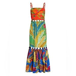 Farm Rio beaded tiered maxi mixed tropical dress parrot palm leaves Size XL BNWT